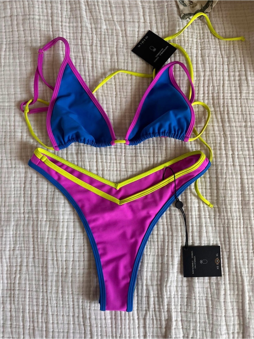 Skatie Pink Blue Neon Yellow Trim Triangle Bikini Set
